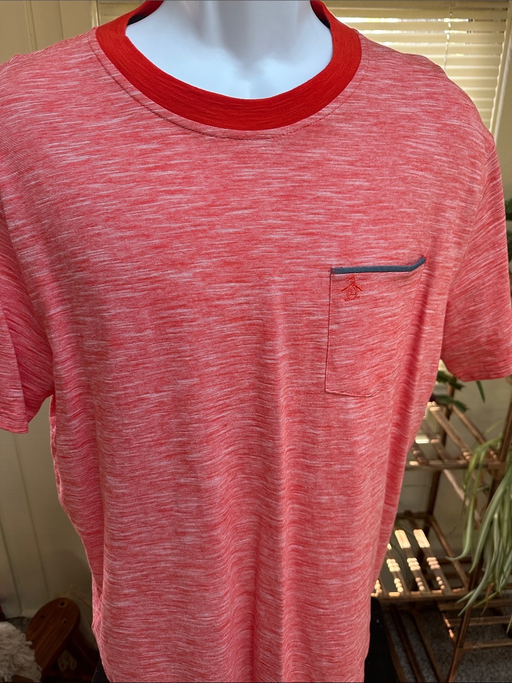 Original Penguin Heathered Coral Red Pocket Crew Neck Tee